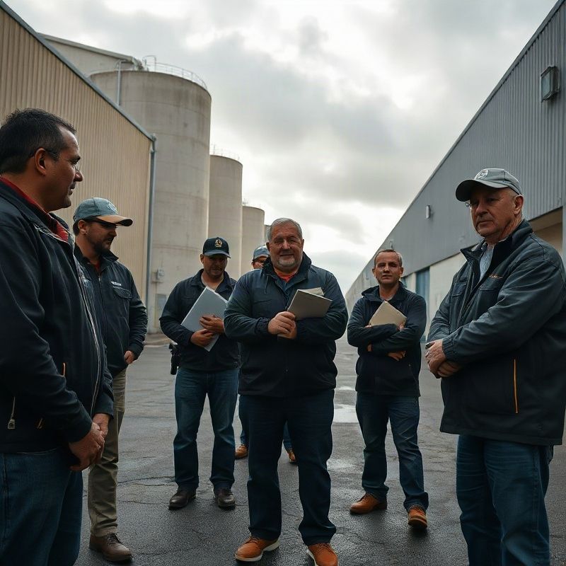 Trabajadores uruguayos en el cambio de turno matinal frente a una fábrica
